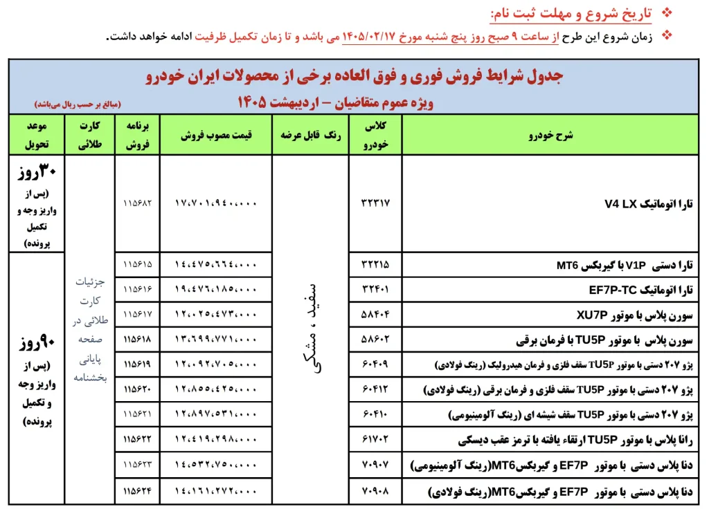 طرح فروش ایران خودرو ۱۷ اردیبهشت ۱۴۰۵ برای متقاضیان عادی