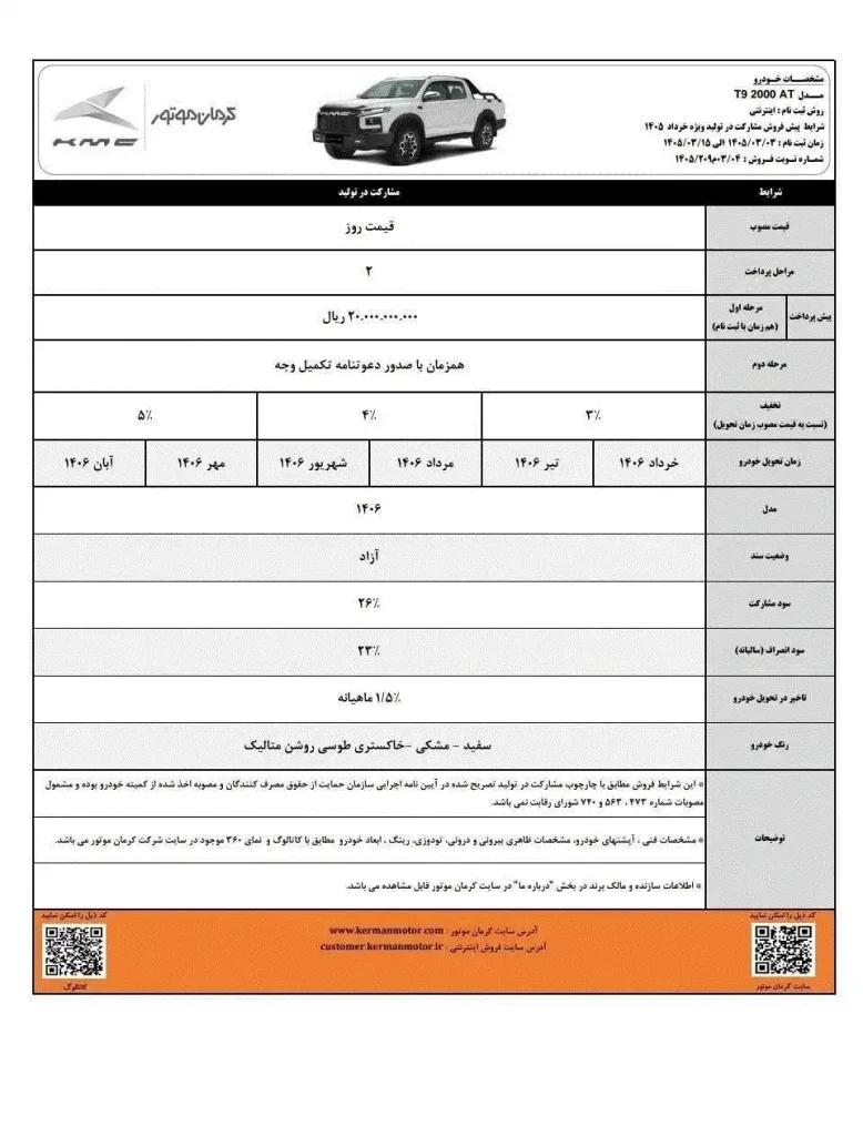 جدول پیش فروش KMC T9 خرداد ۱۴۰۵