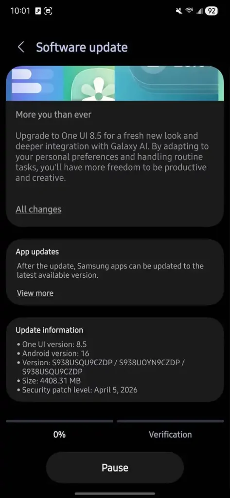 اسکرین شات آپدیت One UI 8.5 گلکسی اس ۲۵ اولترا با حجم ۴.۴ گیگابایت