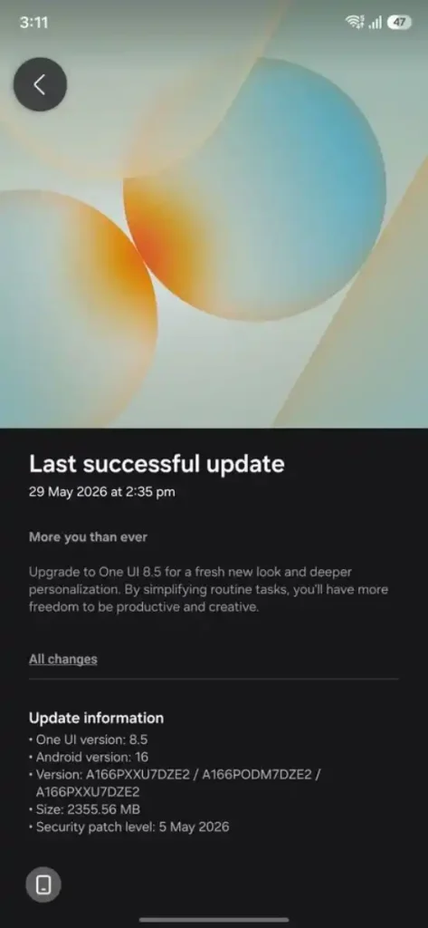 اسکرین شات آپدیت One UI 8.5 گلکسی A16 مدل 5G