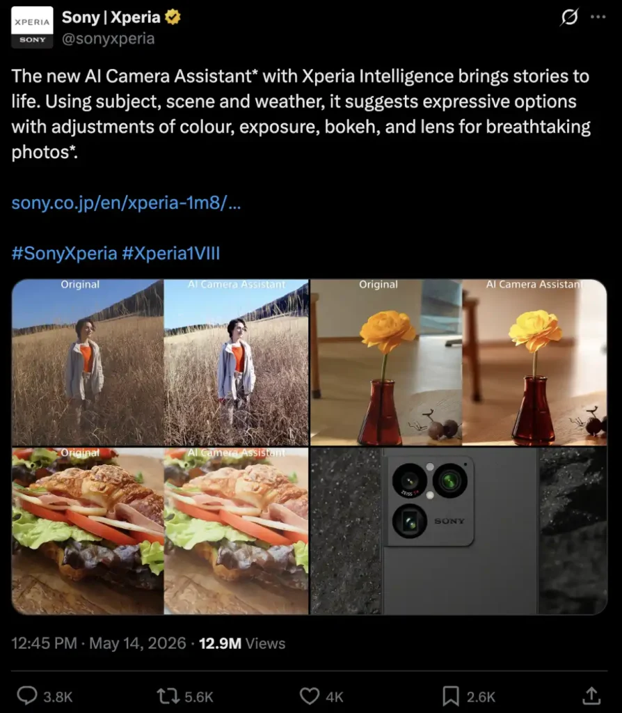 پست اولیه سونی در ایکس برای نمایش خروجی قابلیت AI Camera Assistant دوربین اکسپریا ۱ مارک ۸ که تعجب و انتقاد کاربران را برانگیخت