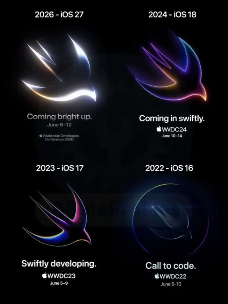 تشابه پوستر WWDC 2026 با بعضی از سال‌های قبل و اشاره به زبان برنامه نویسی swift اپل