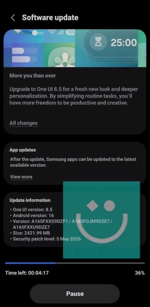 اسکرین شات آپدیت One UI 8.5 گلکسی A16 4G سامسونگ در ایران