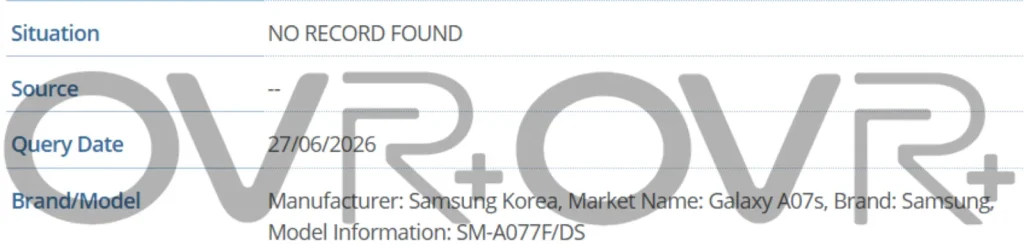 گلکسی A07s در پایگاه GSMA IMEI رؤیت شد.