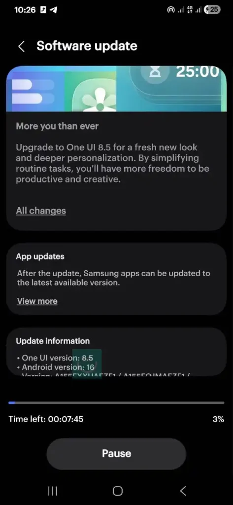 اسکرین شات آپدیت One UI 8.5 گلکسی A15 4G در ایران