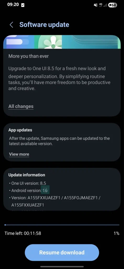 اسکرین شات آپدیت One UI 8.5 گلکسی A15 4G در ایران