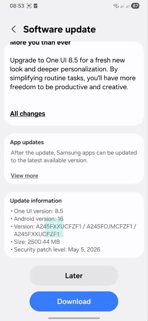 اسکرین شات آپدیت One UI 8.5 گلکسی A24 در ایران