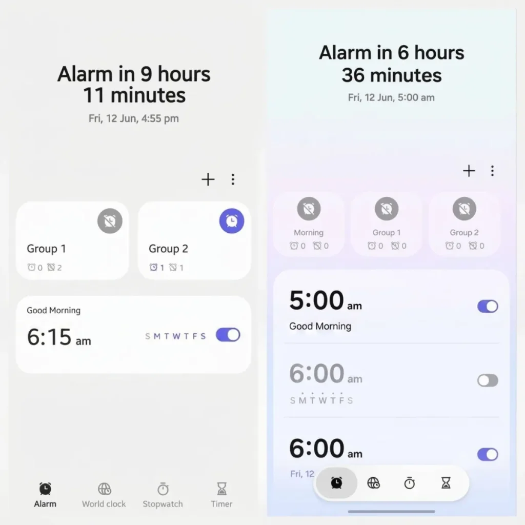 نمای جدید بخش «آلارم» در One UI 8.5 (راست) در مقایسه با One UI 8.0 (چپ)؛ کارت‌های یکپارچه، گروه‌بندی بهینه و طراحی مدرن‌تر