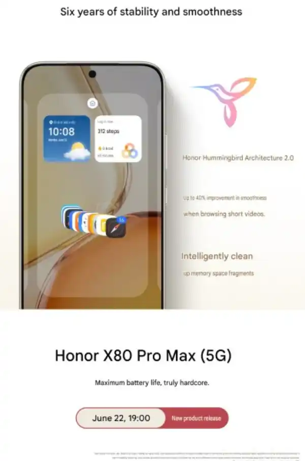 پوستر رسمی آنر X80 پرو مکس؛ معماری جدید Hummingbird 2.0 و ۶ سال پایداری عملکرد