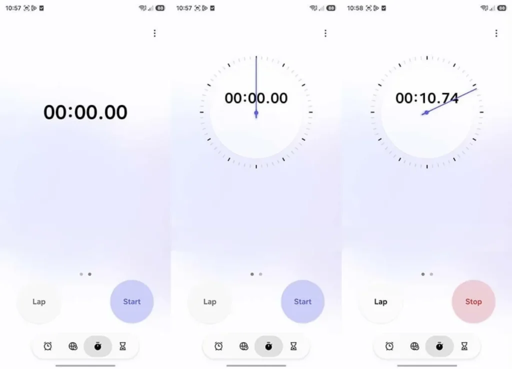 بخش کرنومتر در One UI 8.5؛ اضافه شدن نمایش آنالوگ، پس‌زمینه گرادیانی و دکمه‌های Lap و Stop داخل کادر دایره‌ای