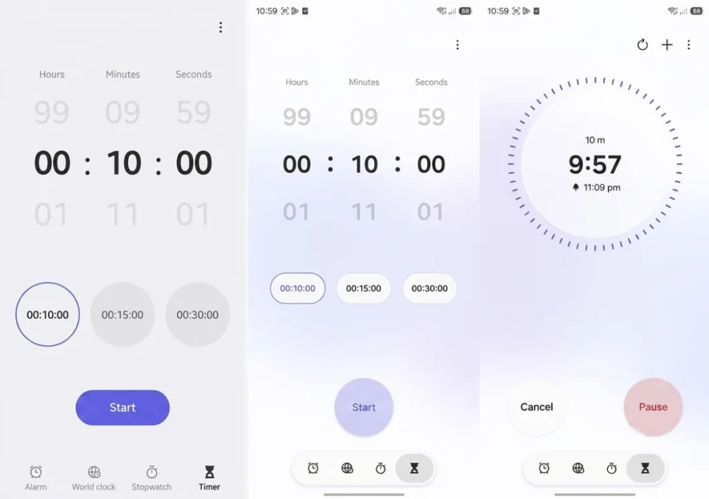 مقایسه تایمر در One UI 8.0 (چپ) و One UI 8.5 (وسط و راست)؛ طراحی مدرن‌تر و نمایش پیشرفته وضعیت تایمر