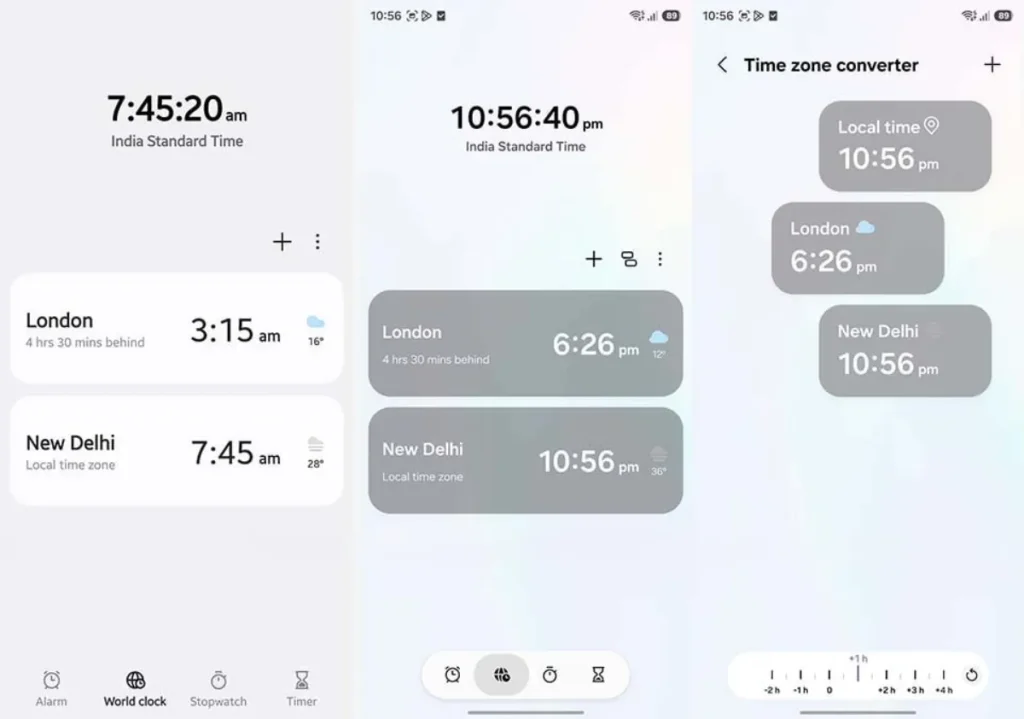 مقایسه بخش «ساعت جهانی» در One UI 8.0 (چپ) و One UI 8.5 (راست)؛ طراحی جدید با پس‌زمینه نقشه، کارت‌های تیره و مبدل منطقه زمانی بازطراحی‌شده