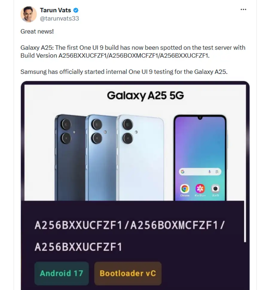 نسخه آزمایشی One UI 9 برای گلکسی A25 روی سرورهای سامسونگ مشاهده شد.
