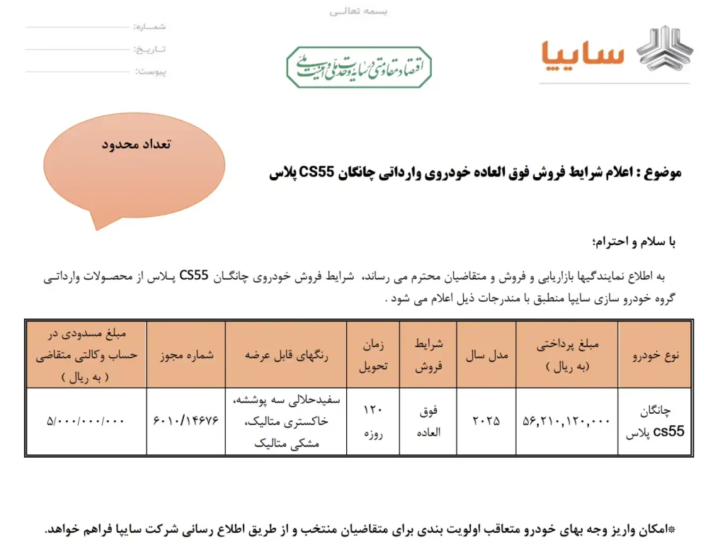 جدول رسمی طرح فروش چانگان CS55 پلاس توسط سایپا - تیر ۱۴۰۵