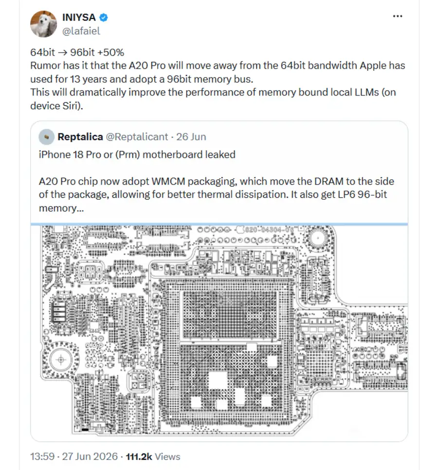 تصویر منتسب به مادربرد آیفون ۱۸ پرو؛ شایعات از مهاجرت تراشه A20 Pro به حافظه LPDDR6 و پهنای باند ۹۶ بیتی خبر میدهند.