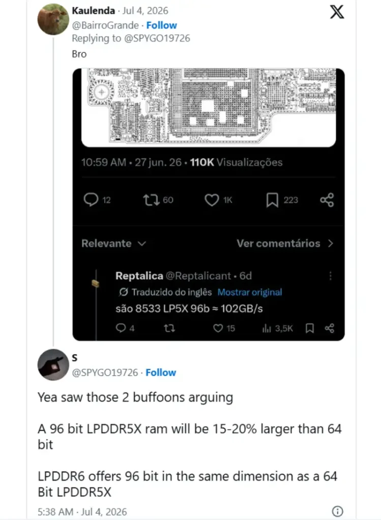 مقایسه ابعاد LPDDR5X و LPDDR6؛ افشاگران معتقدند LPDDR6 میتواند پهنای باند ۹۶ بیتی را بدون افزایش اندازه تراشه فراهم کند.