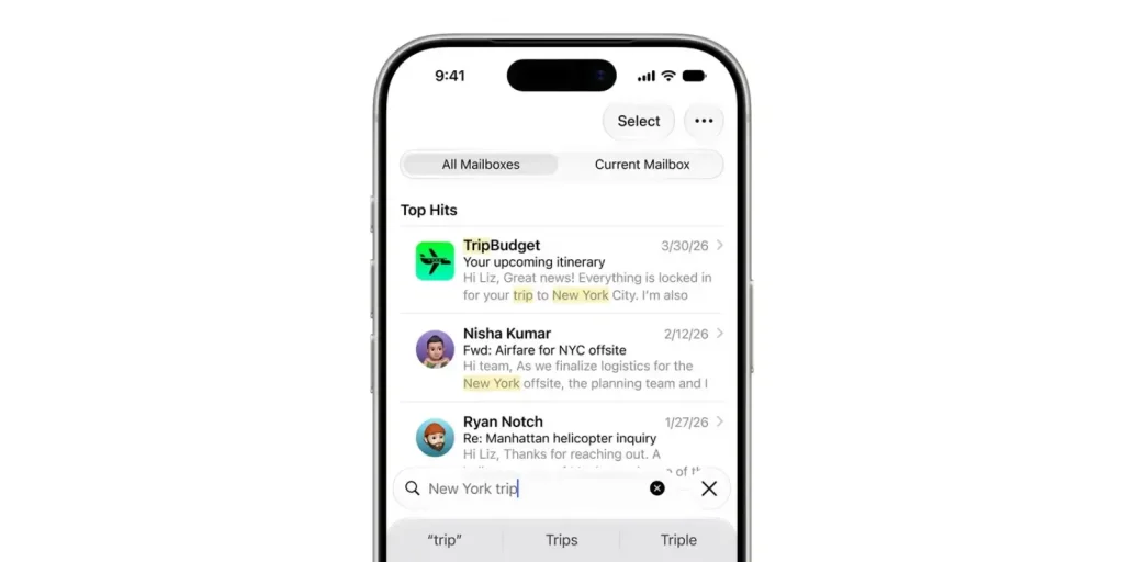 جستجوی هوشمند برنامه Mail در iOS 27 نتایج را براساس ارتباط و هدف کاربر نمایش میدهد.