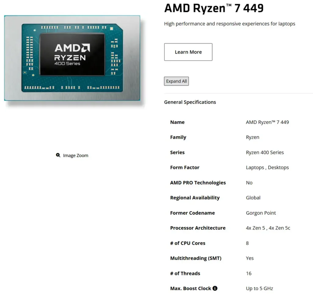 پردازنده AMD Ryzen 7 449 با ۸ هسته و بدون NPU اختصاصی
