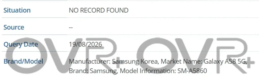 سامسونگ گلکسی A58 در دیتابیس GSMA IMEI رؤیت شده است.