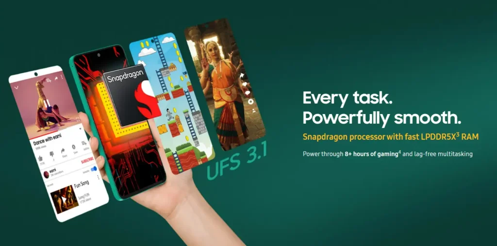 گلکسی F70 Pro از تراشه Snapdragon 6 Gen 3، رم LPDDR5X و حافظه UFS 3.1 بهره می‌برد.