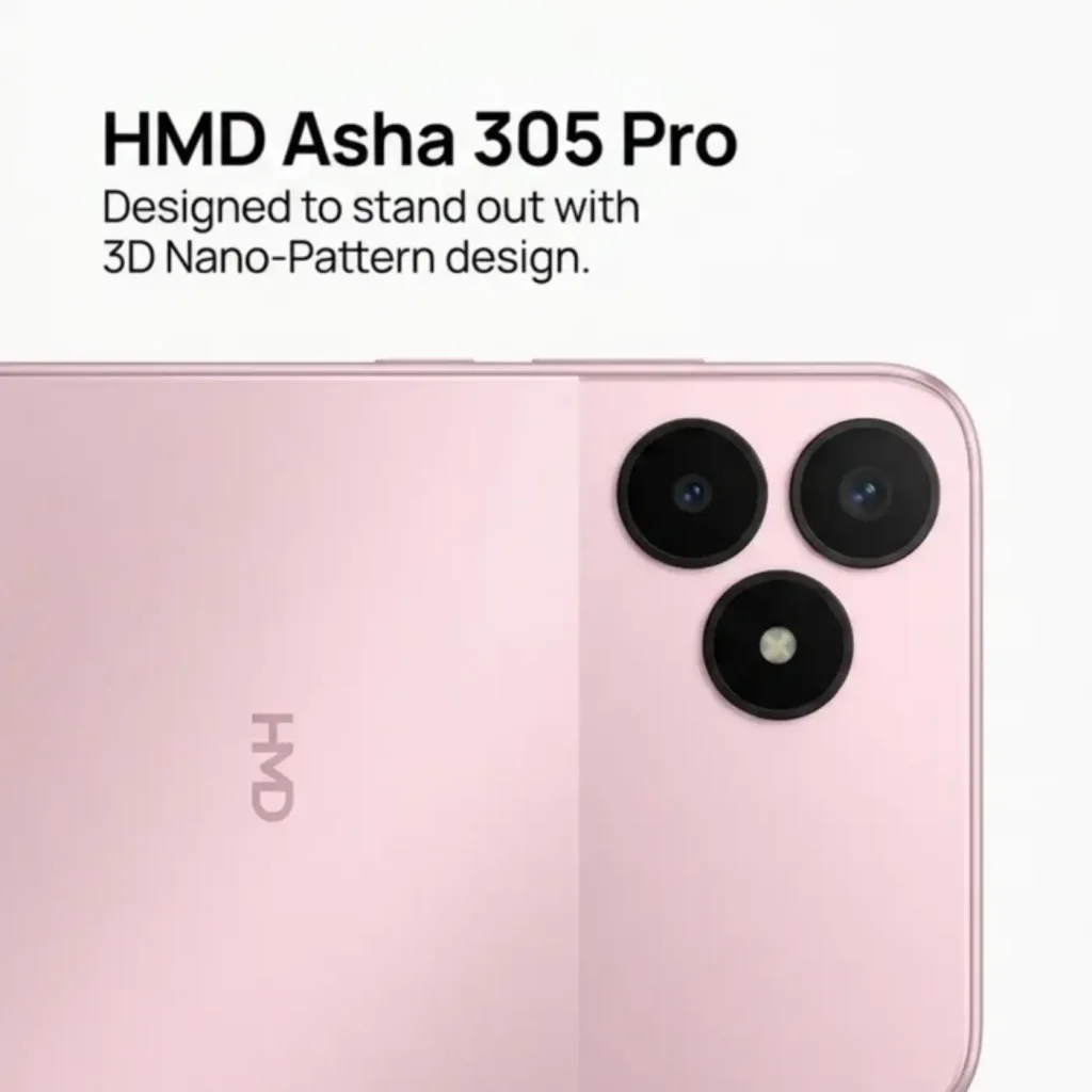 طراحی پنل پشتی اچ‌ام‌دی Asha 305 Pro با رنگ صورتی و الگوی سه‌بعدی نانوپترن