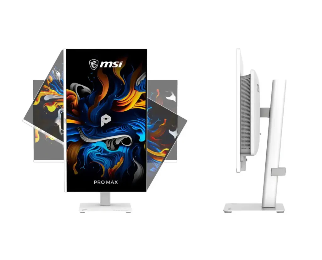 پایه ارگونومیک MSI Pro Max OLED از تنظیم ارتفاع، چرخش و حالت عمودی پشتیبانی میکند.