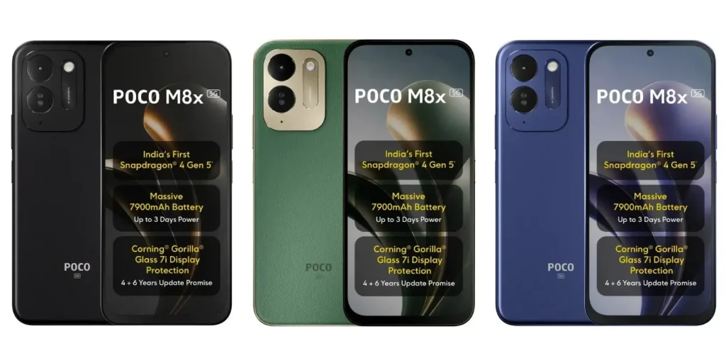 پوکو M8x 5G در رنگ‌های مشکی، آبی و سبز چرمی