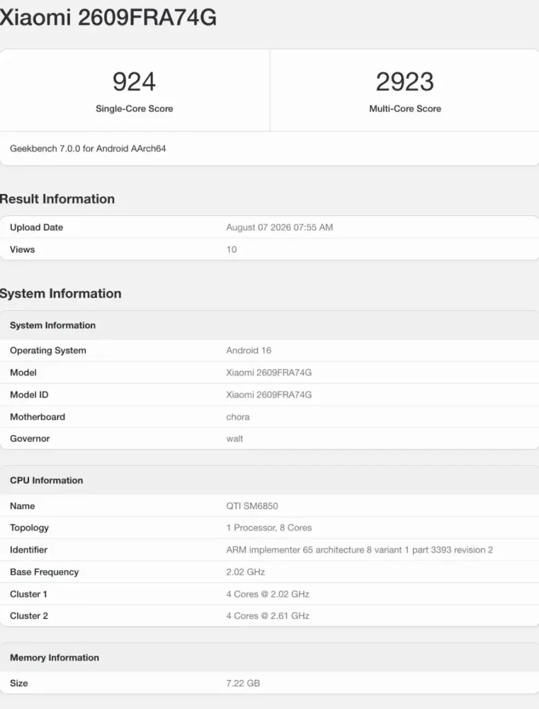 نسخه جهانی ردمی نوت 17 پرو مکس با تراشه Snapdragon 6 Gen 5 در گیکبنچ رؤیت شد.