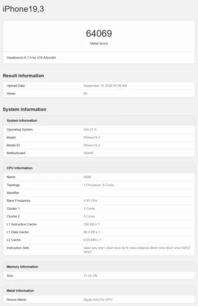 امتیاز ۶۴۰۶۹ پردازنده گرافیکی A20 Pro در Geekbench Metal