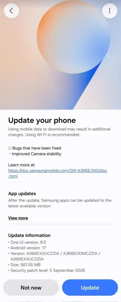 اسکرین شات بتا دوم آپدیت One UI 9 برای گلکسی A36 سامسونگ