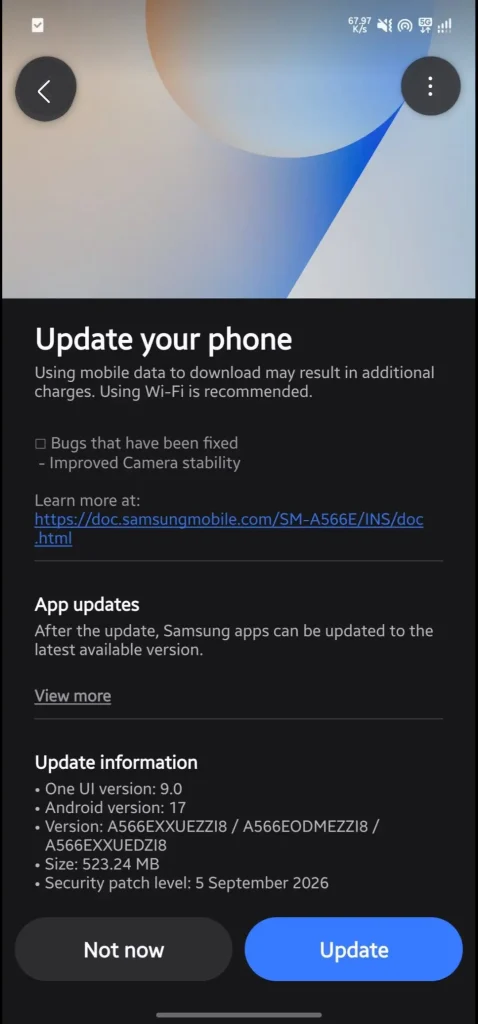 اسکرین شات بتا دوم آپدیت One UI 9 برای گلکسی A56 سامسونگ