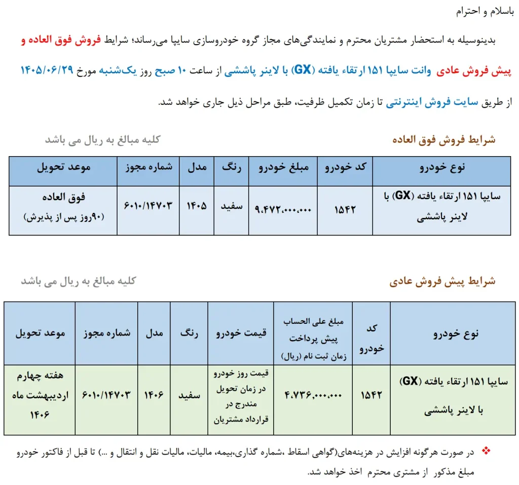 تصویر بخشنامه طرح فروش سایپا برای پراید ۱۵۱