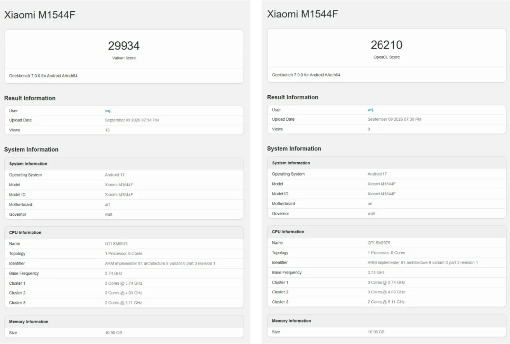 امتیاز گرافیکی شیائومی 18 پرو مکس در Geekbench 7