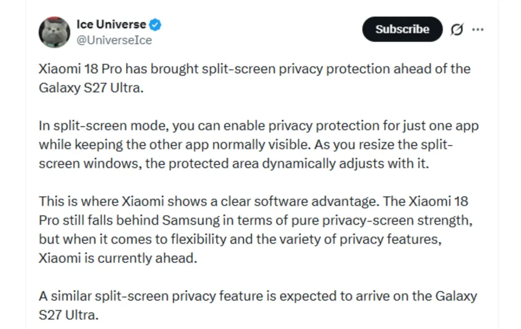 صحبت Ice Universe در مورد فناوری Privacy Display در شیائومی ۱۸ پرو
