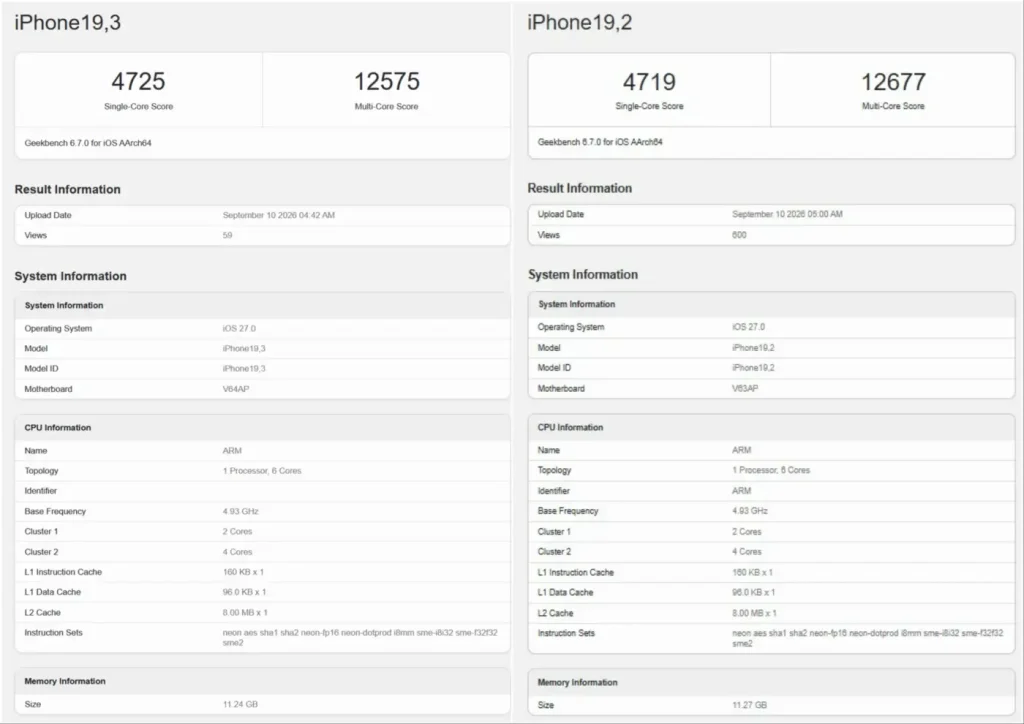 نتایج Geekbench 6.7 آیفون ۱۸ پرو و پرو مکس