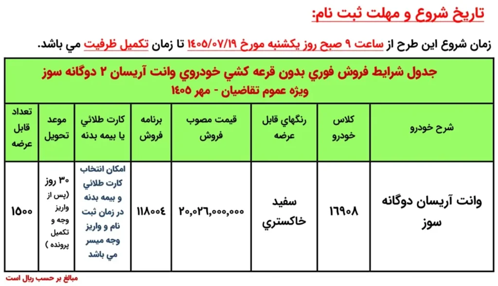 تصویر بخشنامه رسمی ایران خودرو برای فروش فوری وانت آریسان ۲ - مهر ۱۴۰۵