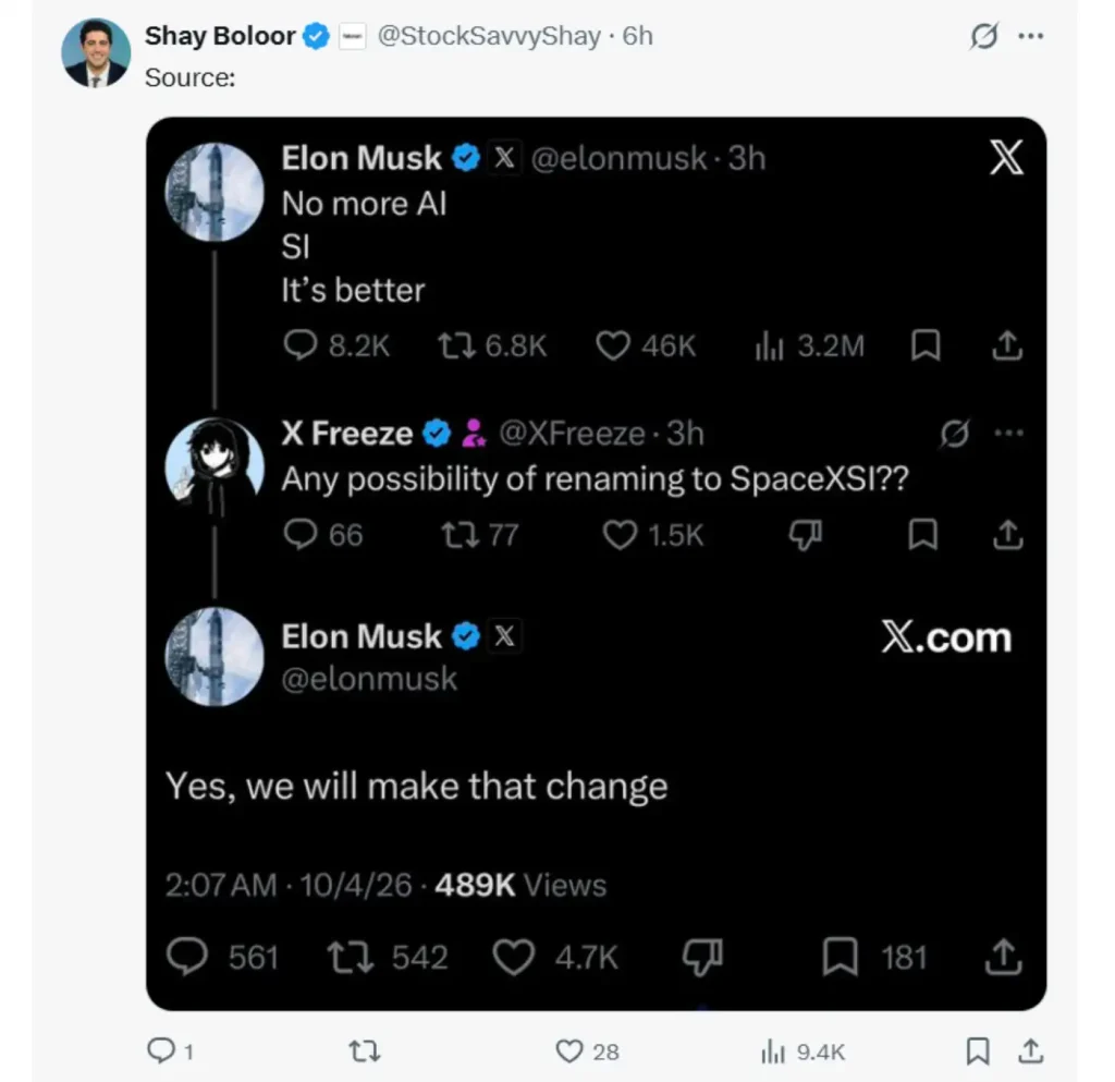 ایلان ماسک تغییر نام SpaceXAI به SpaceXSI را تأیید کرد.