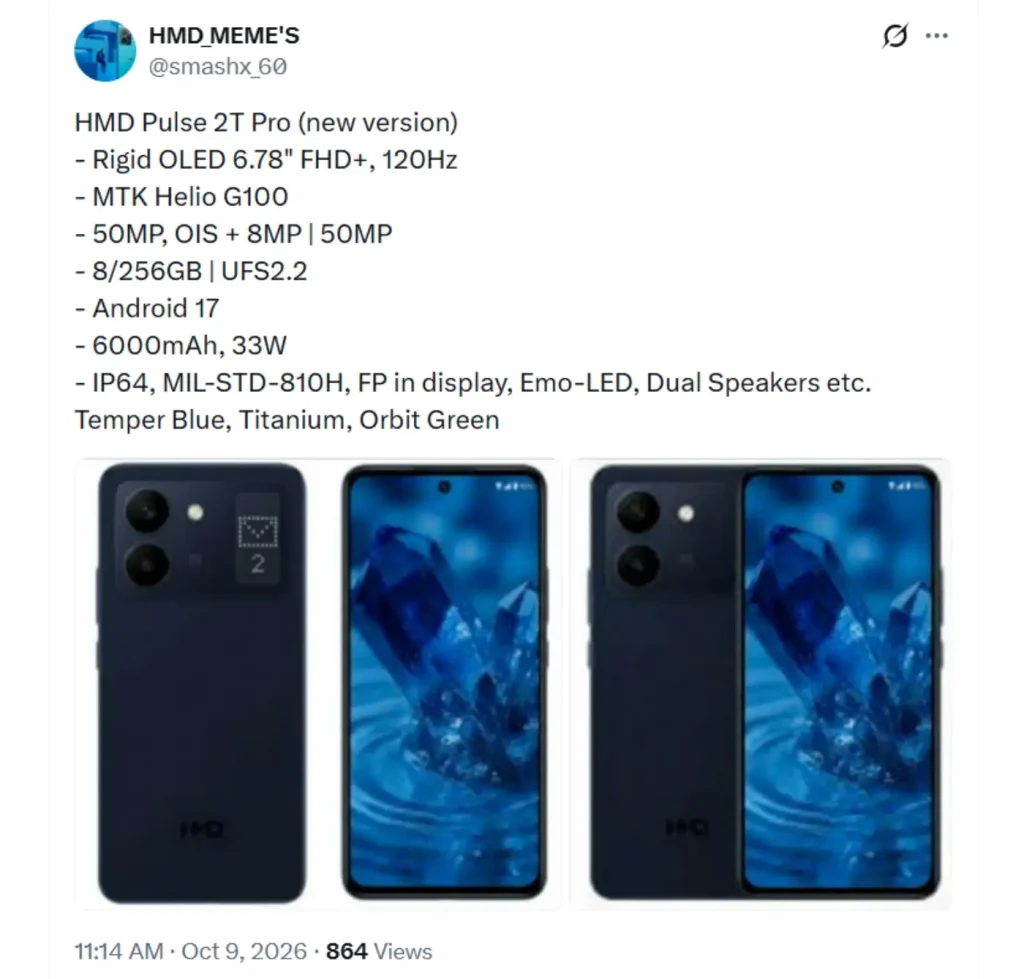 تصاویر و مشخصات فاششده HMD Pulse 2T Pro با نمایشگر دوم در پنل پشتی و باتری ۶۰۰۰ میلیآمپرساعتی
