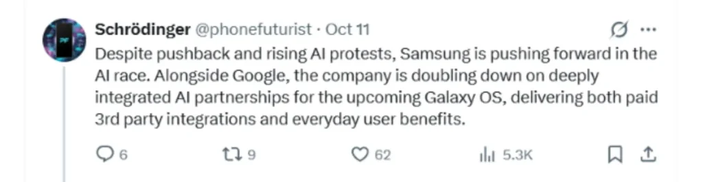 ادعای افشاگر درباره تمرکز سامسونگ بر هوش مصنوعی و همکاری با گوگل در Galaxy OS